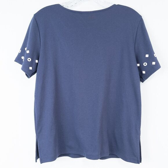 Alfred Dunner Nautical Studded Grommet SS Top Navy Blue Womens Petite Small - Picture 2 of 15